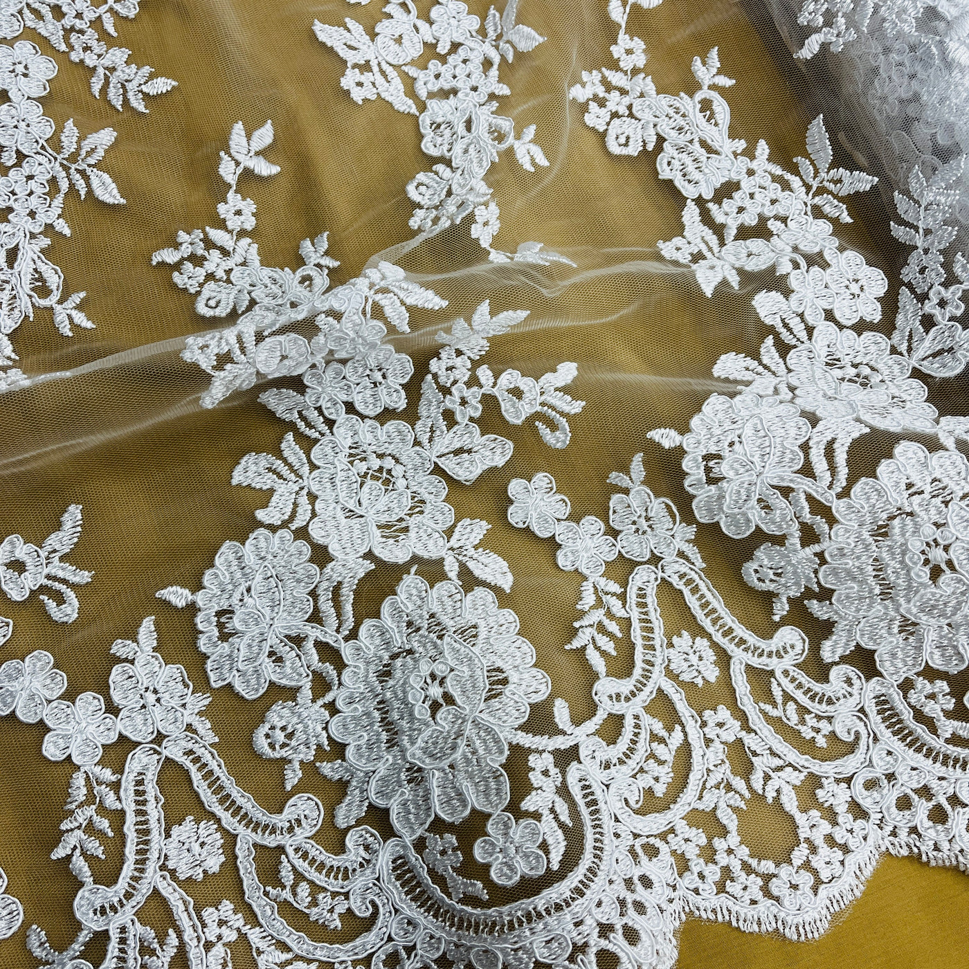 Corded Bridal Lace Fabric Embroidered on 100% Polyester Net Mesh | Lace USA