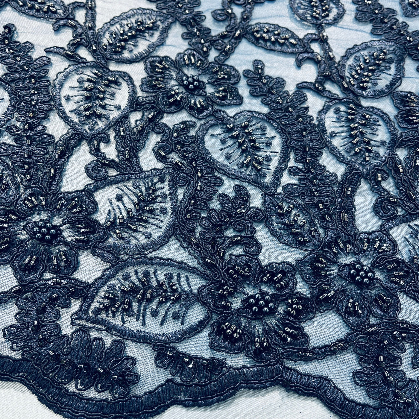 Beaded & Corded Lace Fabric Embroidered on 100% Polyester Net Mesh | Lace USA - GD-1823 Navy