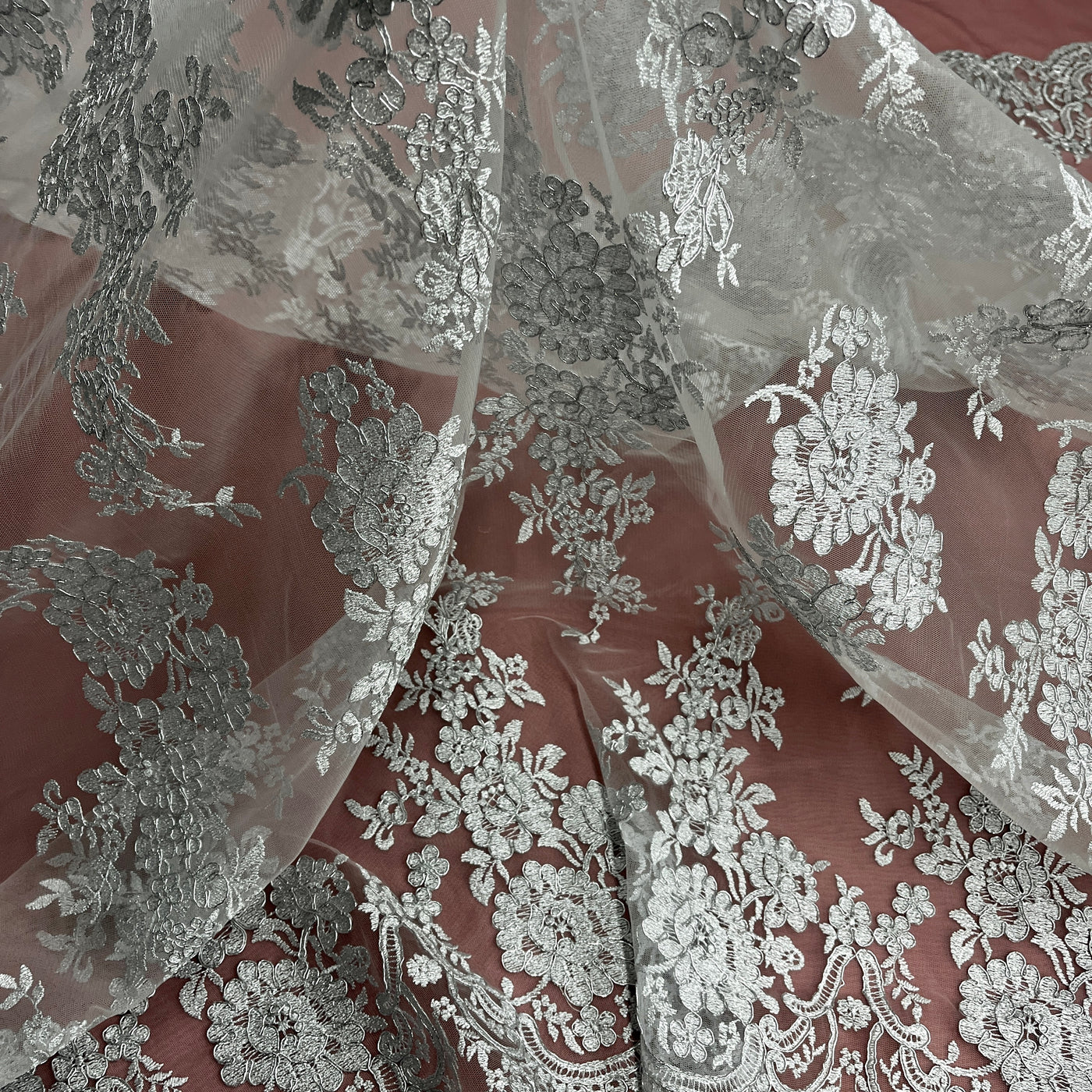 Corded Bridal Lace Fabric Embroidered on 100% Polyester Net Mesh | Lace USA