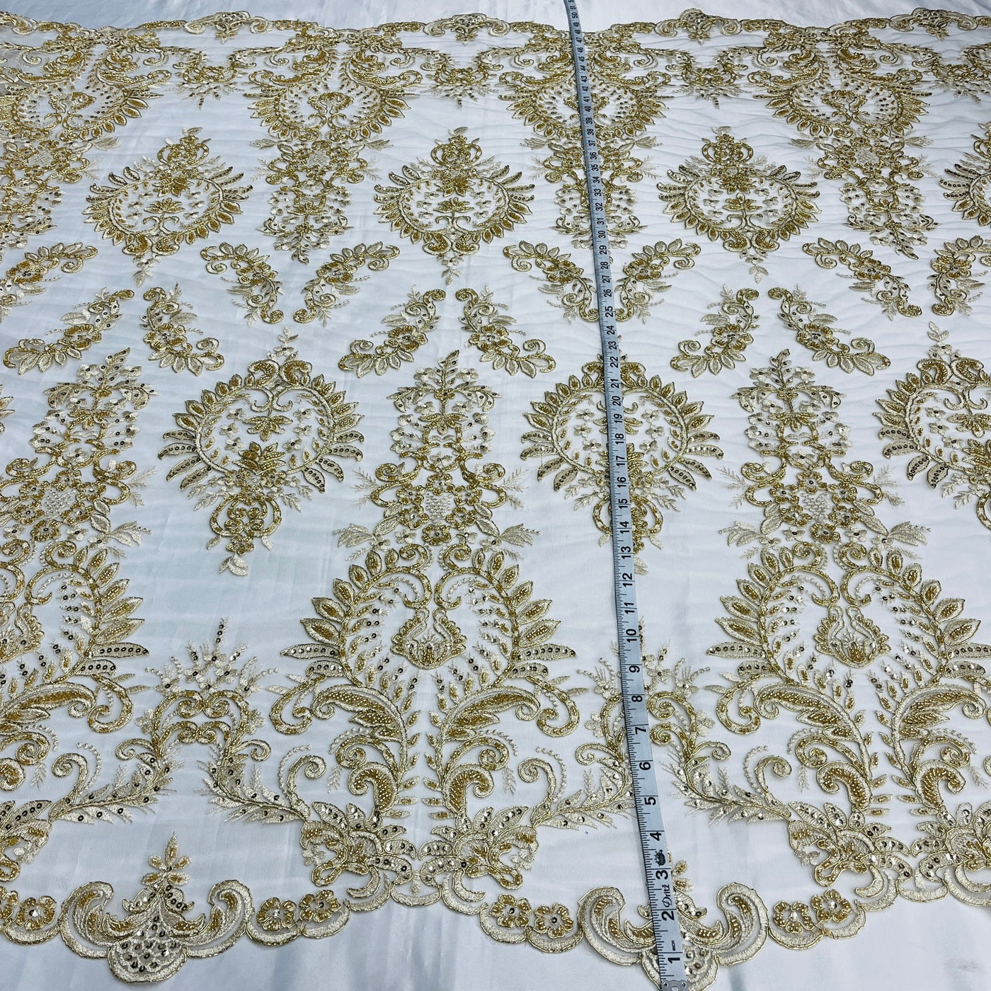 Beaded & Corded Bridal Lace Fabric Embroidered on 100% Polyester Net Mesh | Lace USA - 97160W-HB Gold