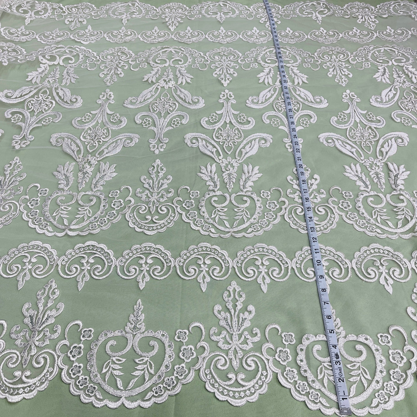 Beaded & Corded Bridal Lace Fabric Embroidered on 100% Polyester Net Mesh | Lace USA - 97068W-SB Ivory with Silver