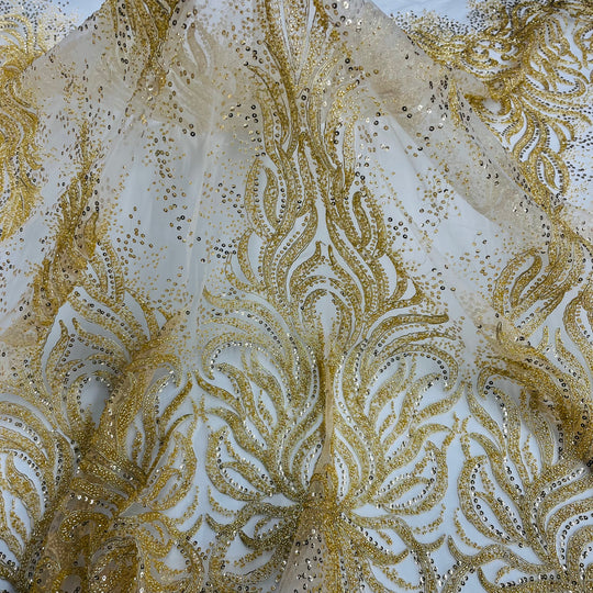 Beaded & Corded Bridal Lace Fabric Embroidered on 100% Polyester Net Mesh | Lace USA