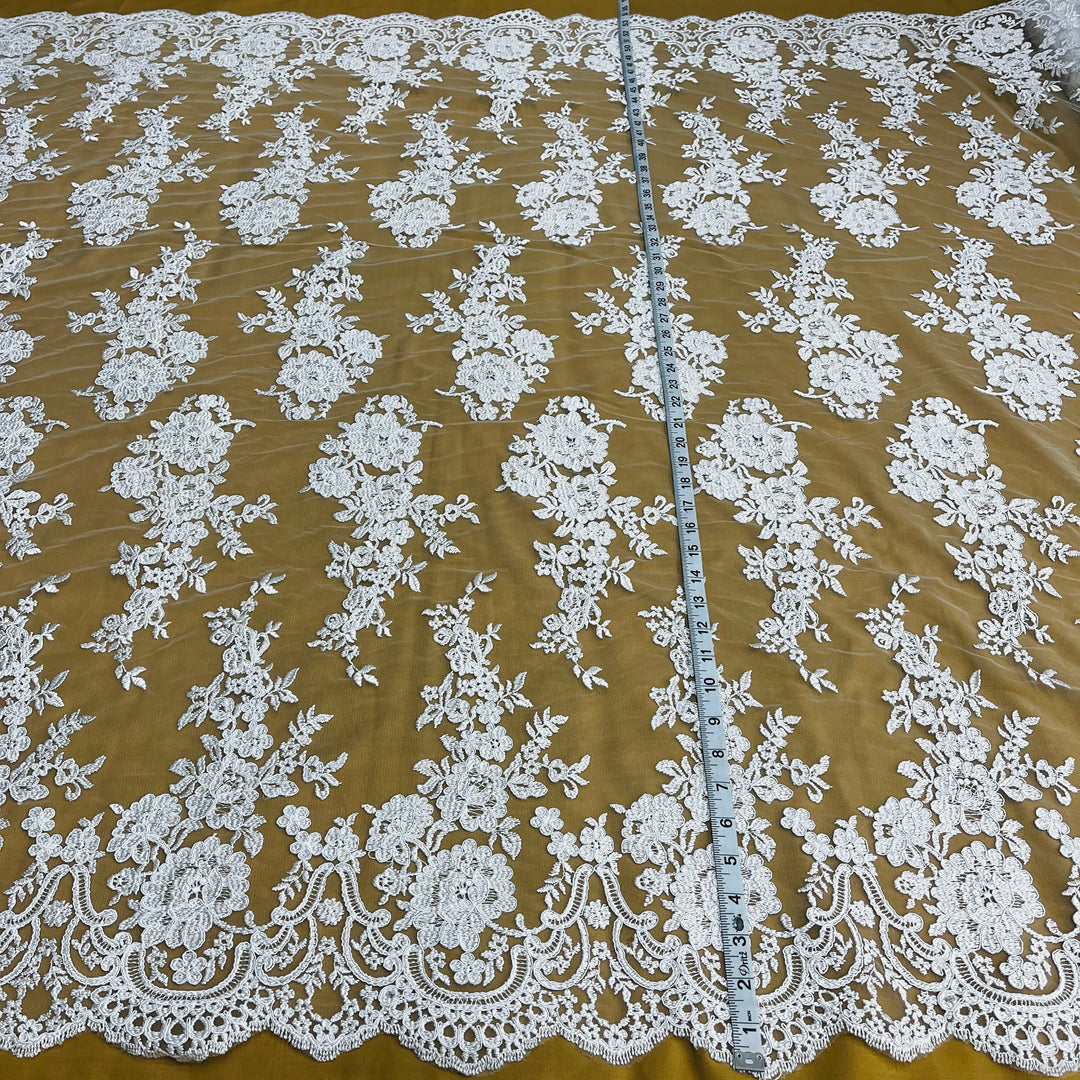 Corded Bridal Lace Fabric Embroidered on 100% Polyester Net Mesh | Lace USA - 96989W - White / 54" Corded Bridal Lace Fabric Embroidered on 100% Polyester Net Mesh | Lace USA - 96989W - White / 54"