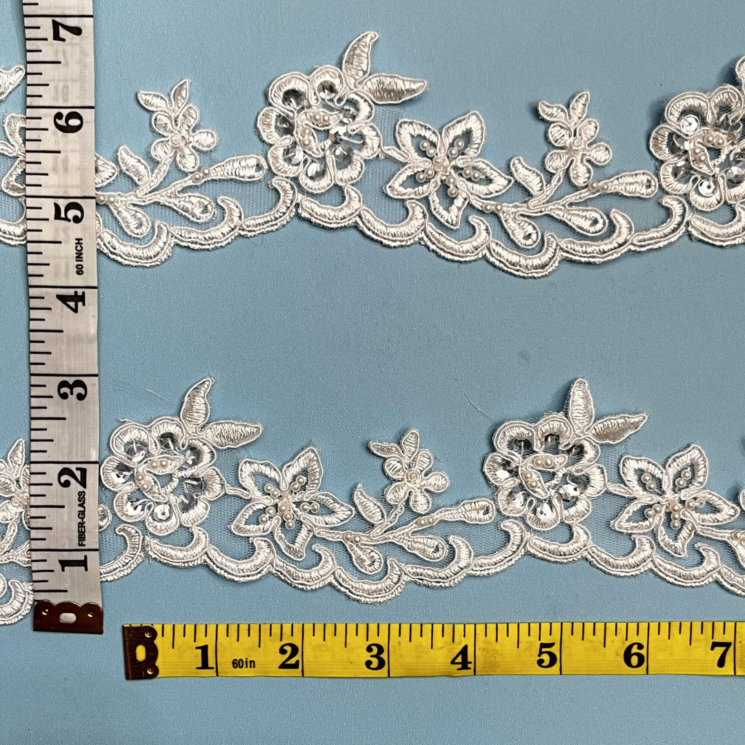 Beaded & Corded Lace Trimming Embroidered on 100% Polyester Net Mesh | Lace USA - 95942W-BP