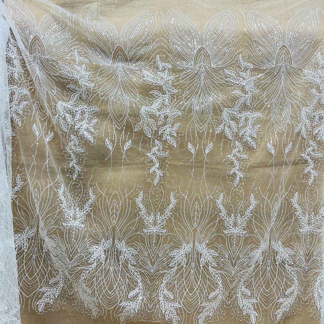 Full view of white beaded and sequined lace fabric with leaf and vine embroidery – ideal for bridal, quinceañera, and evening gowns. | Lace USA - GD-2918