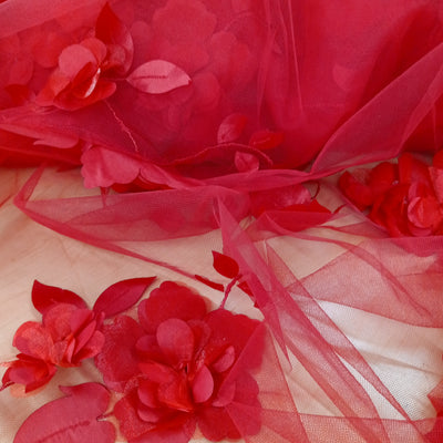 Delicate 3D Flowers Scattered on Embroidered Red Soft Tulle Net Fabric. Perfect Wedding Lace for Bridal Dresses or Quinceanera Dresses 54" Wide. Sold by the Yard. Lace Usa