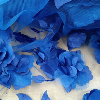 Delicate 3D Flowers Scattered on Embroidered Royal Blue Soft Tulle Net Fabric. Perfect Wedding Lace for Bridal Dresses or Quinceanera Dresses 54" Wide. Sold by the Yard. Lace Usa