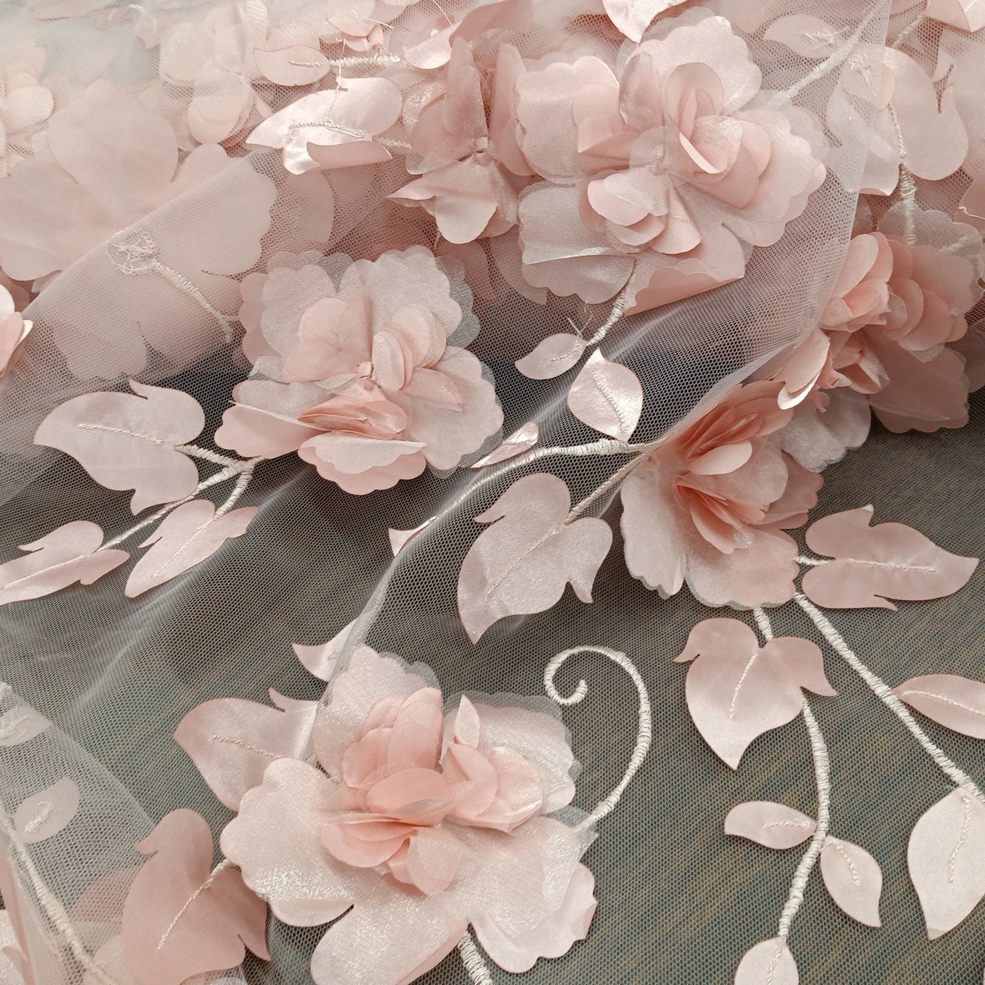 Delicate 3D Flowers Scattered on Embroidered Blush Soft Tulle Net Fabric. Perfect Wedding Lace for Bridal Dresses or Quinceanera Dresses 54" Wide. Sold by the Yard. Lace Usa
