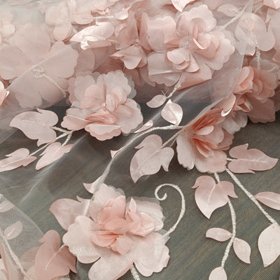 Delicate 3D Flowers Scattered on Embroidered Blush Soft Tulle Net Fabric. Perfect Wedding Lace for Bridal Dresses or Quinceanera Dresses 54" Wide. Sold by the Yard. Lace Usa