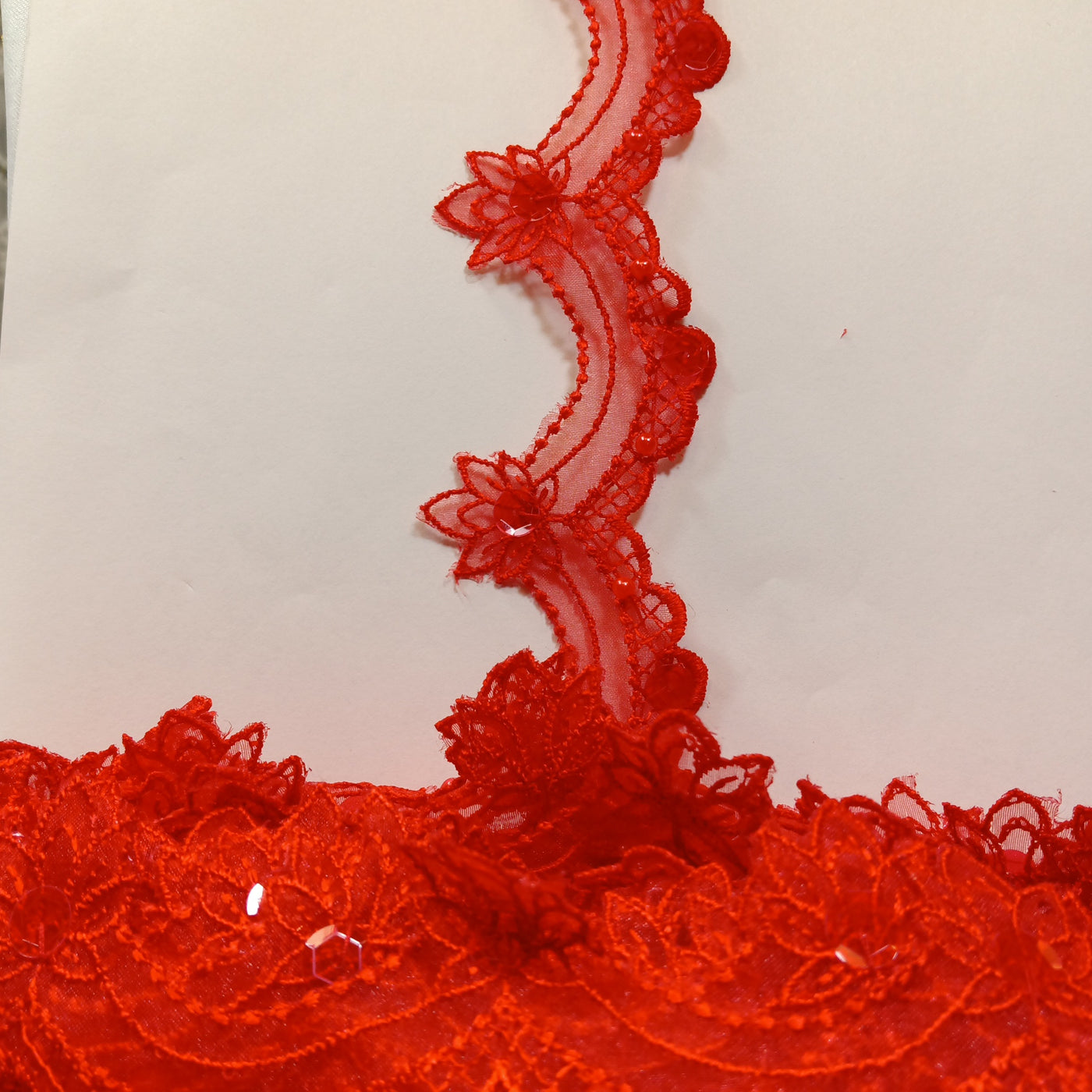 Beaded Red Lace Trim Embroidered on 100% Polyester Organza . Large Arch Scalloped Trim. Formal Trim. Perfect for Edging and Gowns.  Sold by the Yard.  Lace Usa