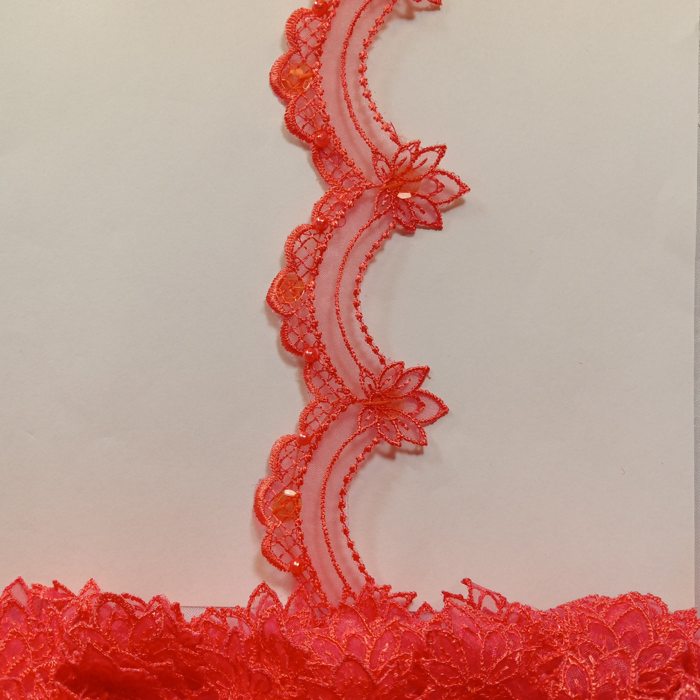Beaded Coral Lace Trim Embroidered on 100% Polyester Organza . Large Arch Scalloped Trim. Formal Trim. Perfect for Edging and Gowns.  Sold by the Yard.  Lace Usa