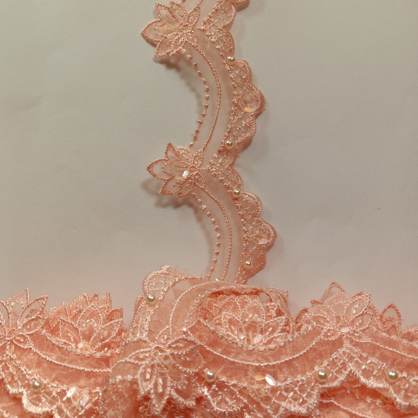 Beaded Peach Lace Trim Embroidered on 100% Polyester Organza . Large Arch Scalloped Trim. Formal Trim. Perfect for Edging and Gowns.  Sold by the Yard.  Lace Usa