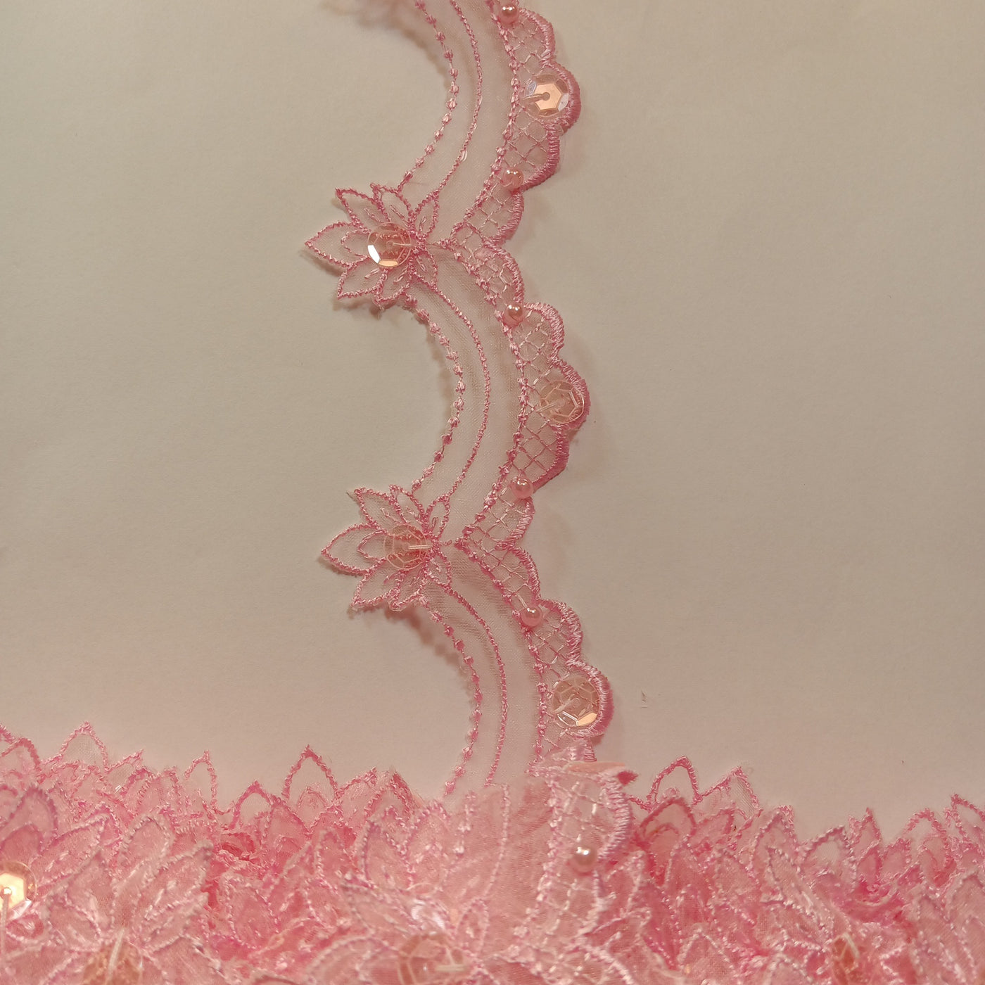 Beaded Pink Lace Trim Embroidered on 100% Polyester Organza . Large Arch Scalloped Trim. Formal Trim. Perfect for Edging and Gowns.  Sold by the Yard.  Lace Usa
