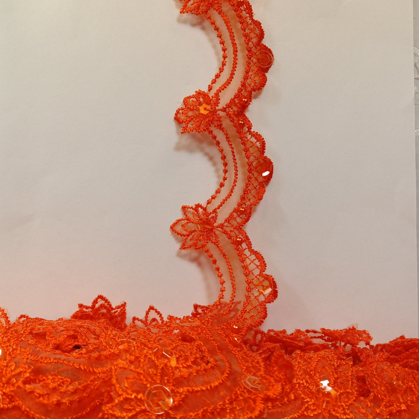 Beaded Orange Lace Trim Embroidered on 100% Polyester Organza . Large Arch Scalloped Trim. Formal Trim. Perfect for Edging and Gowns.  Sold by the Yard.  Lace Usa