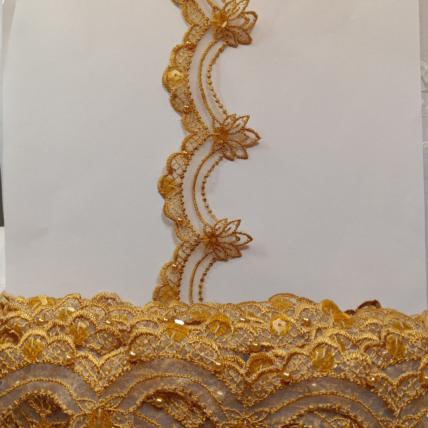 Beaded Camel Lace Trim Embroidered on 100% Polyester Organza . Large Arch Scalloped Trim. Formal Trim. Perfect for Edging and Gowns.  Sold by the Yard.  Lace Usa