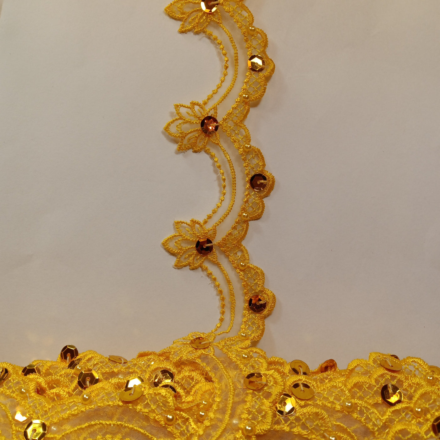 Beaded Yellow Lace Trim Embroidered on 100% Polyester Organza . Large Arch Scalloped Trim. Formal Trim. Perfect for Edging and Gowns.  Sold by the Yard.  Lace Usa