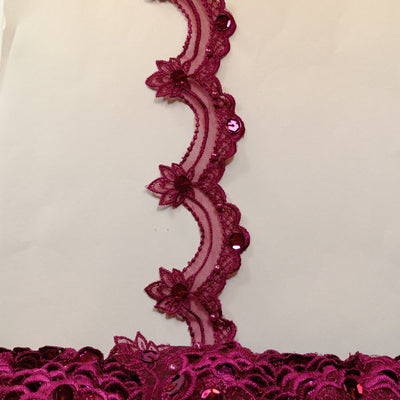 Beaded Magenta Lace Trim Embroidered on 100% Polyester Organza . Large Arch Scalloped Trim. Formal Trim. Perfect for Edging and Gowns.  Sold by the Yard.  Lace Usa