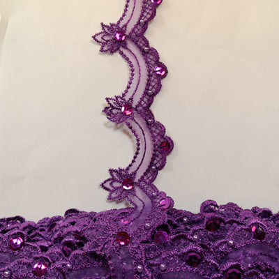 Beaded Purple Lace Trim Embroidered on 100% Polyester Organza . Large Arch Scalloped Trim. Formal Trim. Perfect for Edging and Gowns.  Sold by the Yard.  Lace Usa