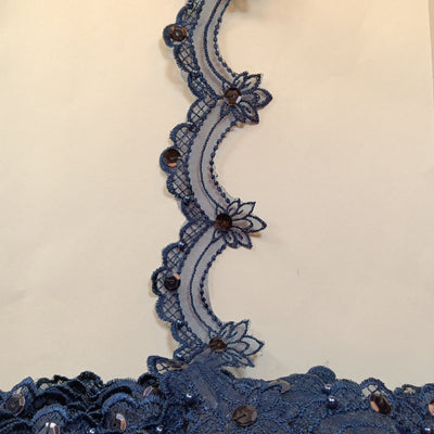 Beaded Navy Blue Lace Trim Embroidered on 100% Polyester Organza . Large Arch Scalloped Trim. Formal Trim. Perfect for Edging and Gowns.  Sold by the Yard.  Lace Usa