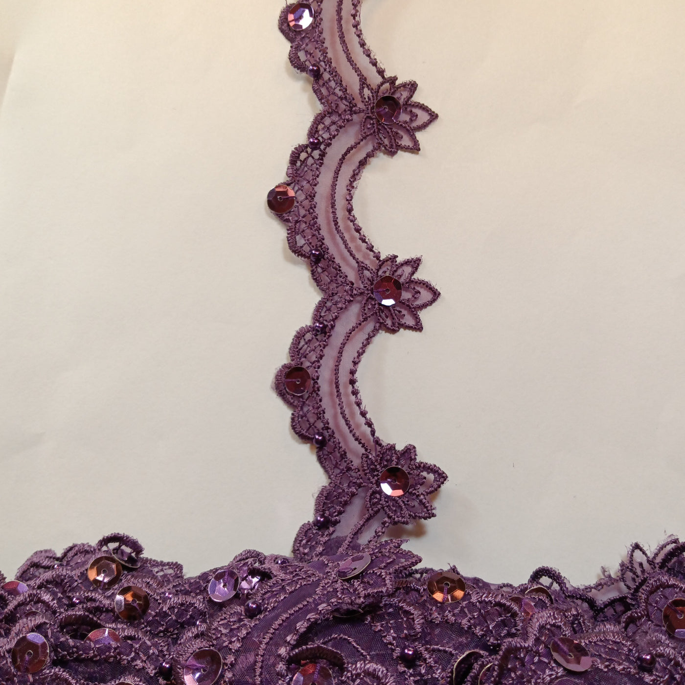 Beaded Plum Lace Trim Embroidered on 100% Polyester Organza . Large Arch Scalloped Trim. Formal Trim. Perfect for Edging and Gowns.  Sold by the Yard.  Lace Usa