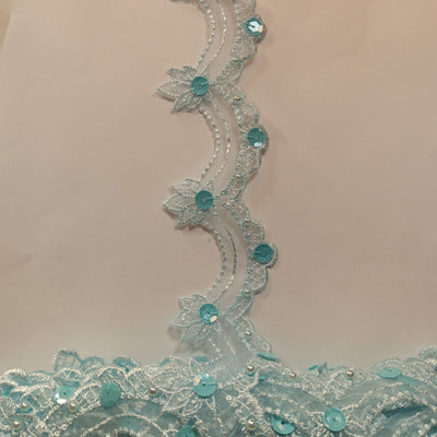 Beaded Lt. Blue Lace Trim Embroidered on 100% Polyester Organza . Large Arch Scalloped Trim. Formal Trim. Perfect for Edging and Gowns.  Sold by the Yard.  Lace Usa