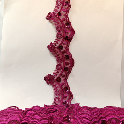 Beaded Magenta Lace Trim Embroidered on 100% Polyester Organza . Large Arch Scalloped Trim. Formal Trim. Perfect for Edging and Gowns. Sold by the Yard. Lace Usa