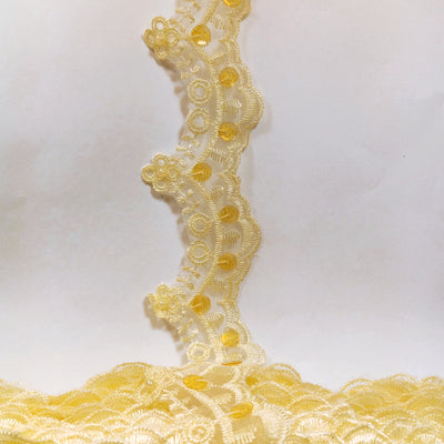 Beaded Yellow Lace Trim Embroidered on 100% Polyester Organza . Large Arch Scalloped Trim. Formal Trim. Perfect for Edging and Gowns. Sold by the Yard. Lace Usa