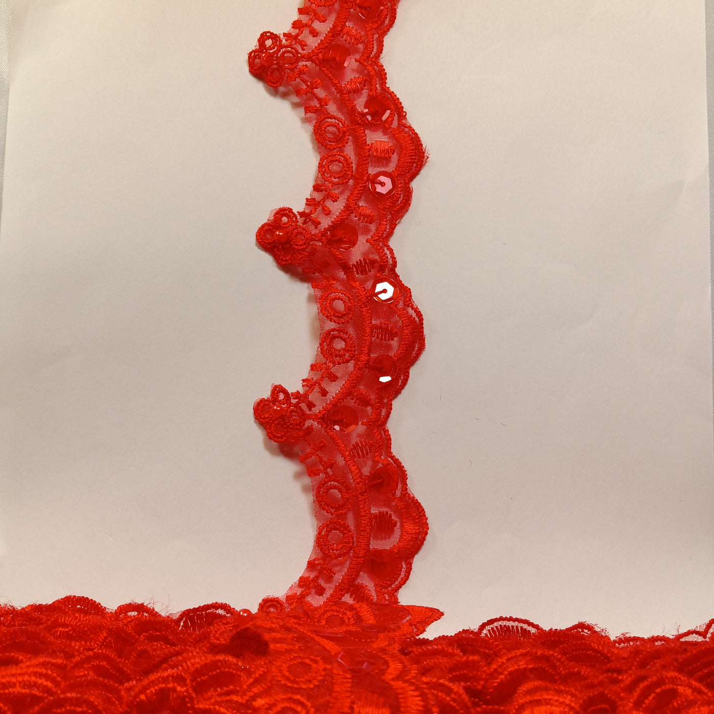 Beaded Red Lace Trim Embroidered on 100% Polyester Organza . Large Arch Scalloped Trim. Formal Trim. Perfect for Edging and Gowns. Sold by the Yard. Lace Usa