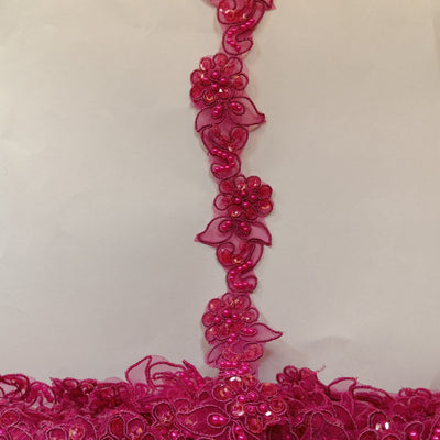 Corded & Beaded Fuchsia Trimming Lace, Embroidered on 100% Polyester Organza. Sold by the Yard.  Lace Usa