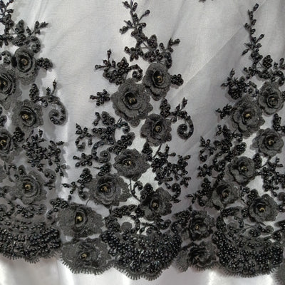 3D Floral Embroidered Net Lace, Beaded with Rhinestone & Beads Black Lace Usa
