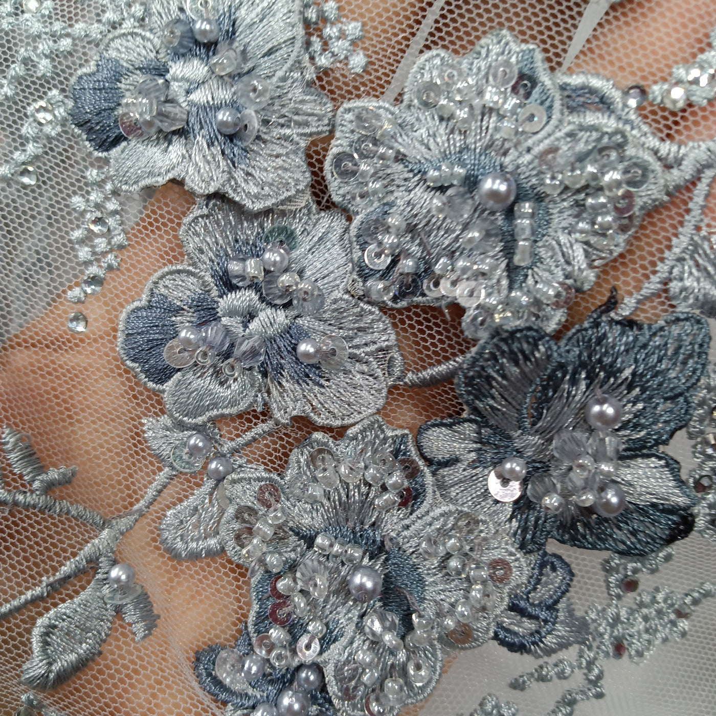 3D Floral Multitone Embroidered Net Fabric with Beads & Rhinestones. Lace Usa