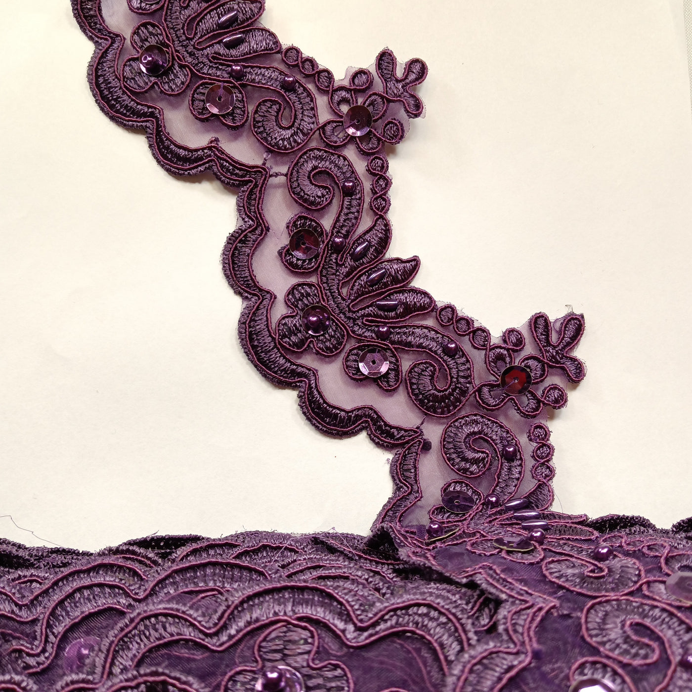 Corded, Beaded & Embroidered Plum Trimming. Lace Usa