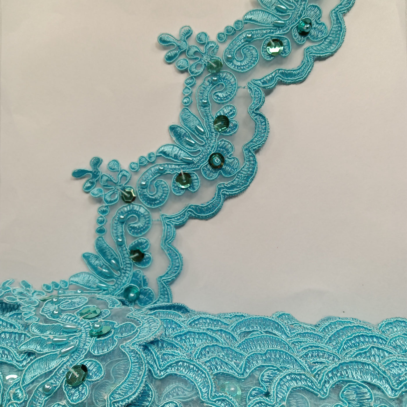 Corded, Beaded & Embroidered Aqua Trimming. Lace Usa