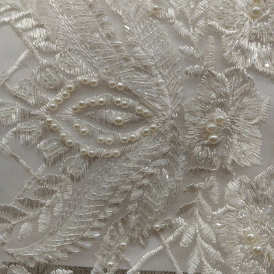 Embroidered & Beautifully Beaded Ivory Net Fabric with Beads. Lace Usa