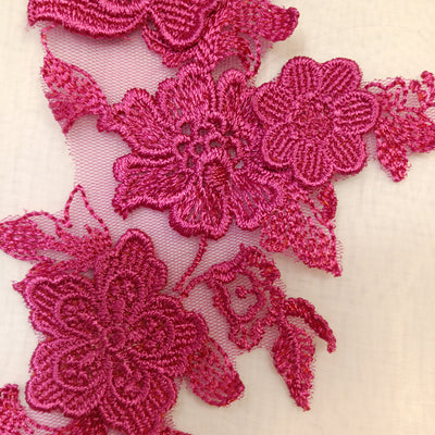 Embroidered Applique Fuchsia with 3D Flowers on 100% Polyester Net Mesh.