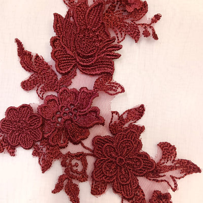 Embroidered Wine Applique with 3D Flowers on 100% Polyester Net Mesh.