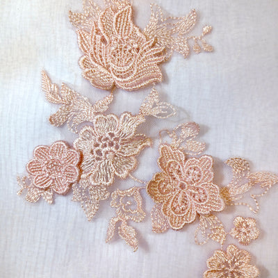 Embroidered Peach Applique with 3D Flowers on 100% Polyester Net Mesh.