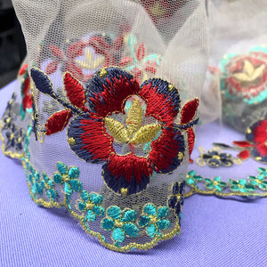 Colorful Floral Embroidered Lace Trimming On Net