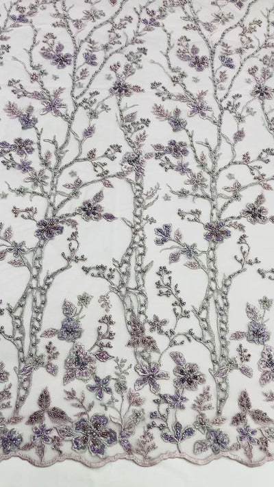 Embroidered & Beaded Net Mesh Fabric with Beads. Lace USA