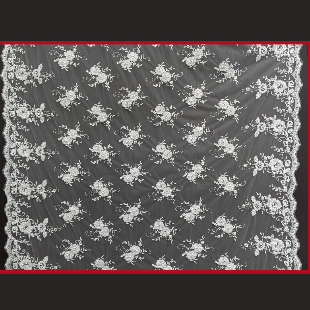 Corded & Beaded Bridal Lace Fabric Embroidered on 100% Polyester Net Mesh. Lace USA