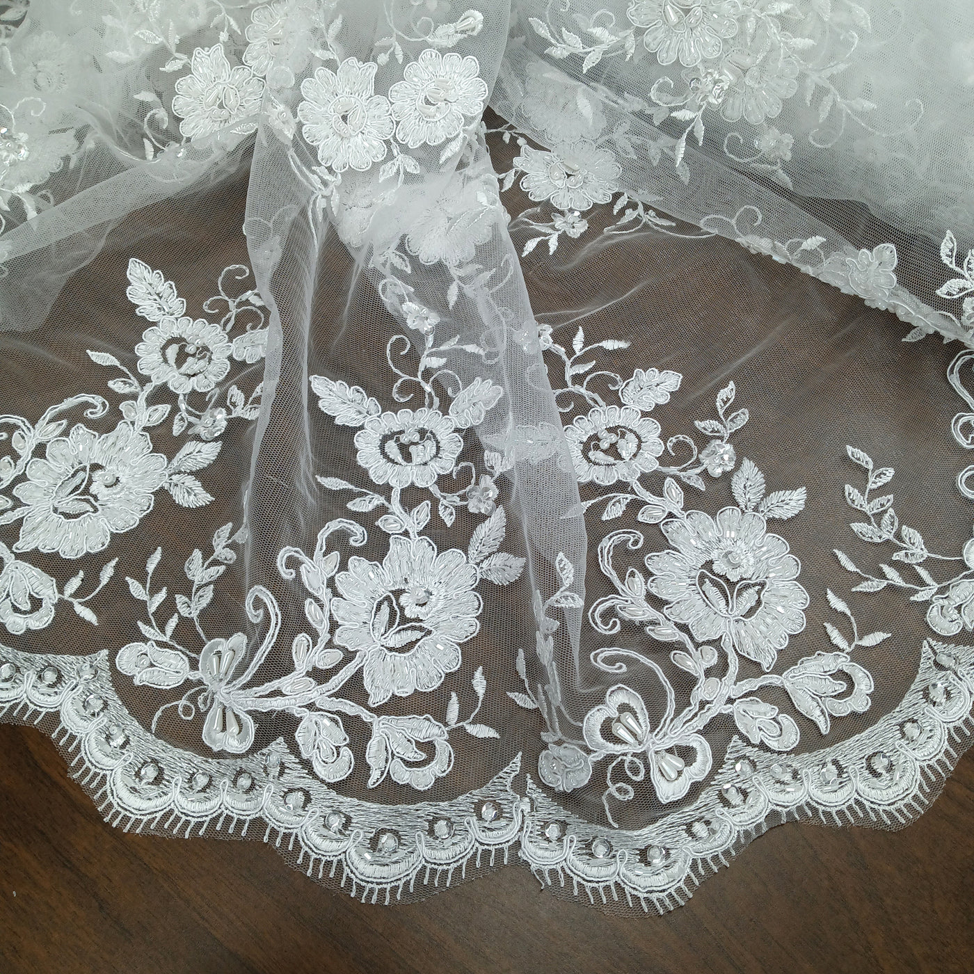 Corded & Beaded Bridal Lace Fabric Embroidered on 100% Polyester Net Mesh. Lace USA