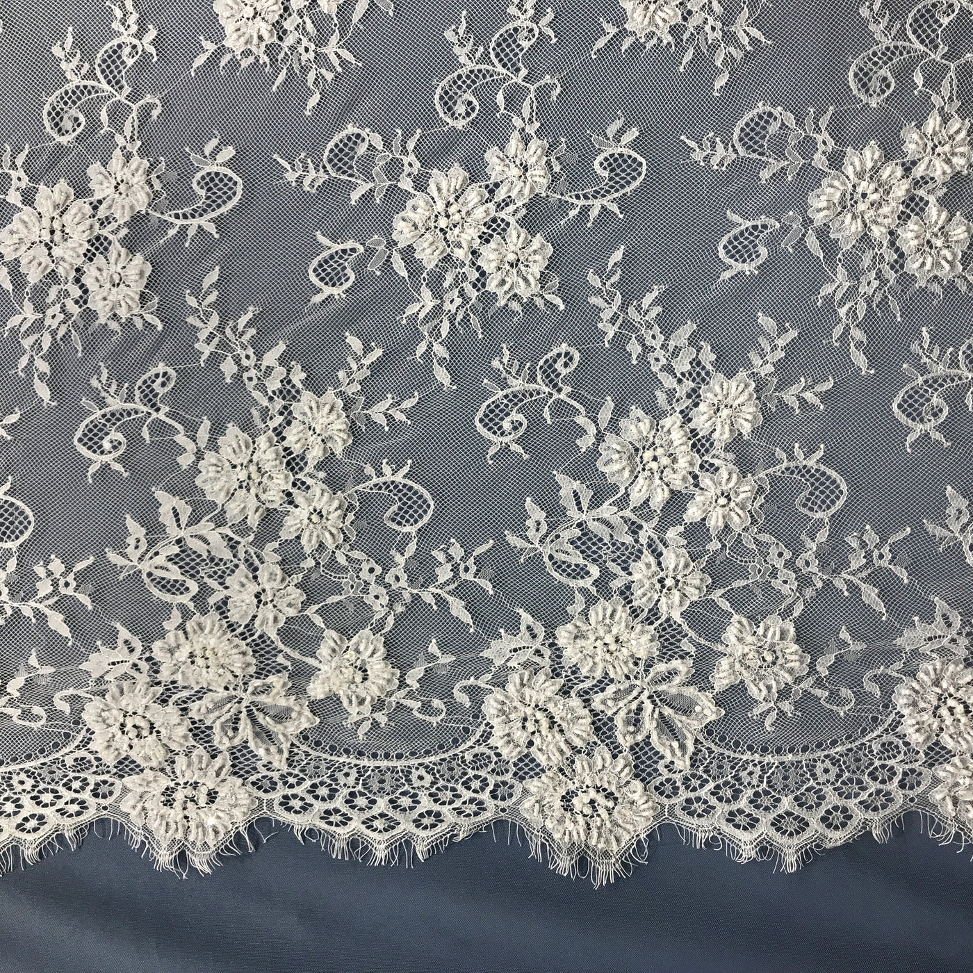 Beaded Chantilly Embroidered Lace Fabric with Eyelash Scallop | Lace USA - 68125W-BP