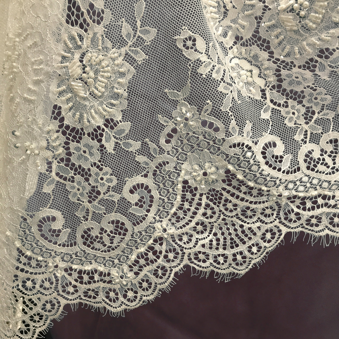 Tela de encaje bordado Chantilly con pedrería con festones de pestañas | Encaje EE. UU.