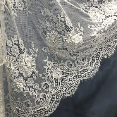 Beaded Chantilly Embroidered Lace Fabric with Eyelash Scallop | Lace USA - 68138W-BP