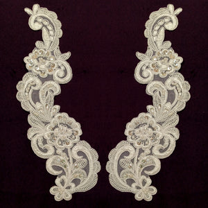 Beaded & Corded Floral Applique Lace Embroidered on 100% Polyester Organza. Sold By Pair. Lace USA