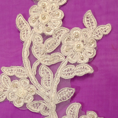 Beaded & Corded Floral Ivory Appliqué Lace Embroidered on 100% Polyester Organza or Net Mesh. This can be applied to Theatrical dance ballroom costumes, bridal dresses, bridal headbands endless possibilities.  Sold By Pair  Lace Usa