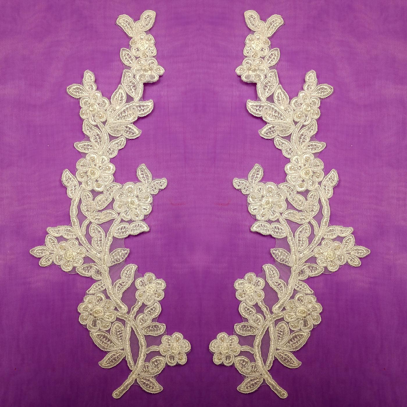 Beaded & Corded Ivory Floral Applique Embroidered on Organza. Sold by the Pair. Lace Usa