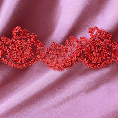 Corded Red Trimming Embroidered on 100% Polyester Net Mesh. Lace Usa