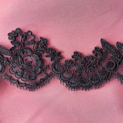 Corded Black Trimming Embroidered on 100% Polyester Net Mesh. Lace Usa