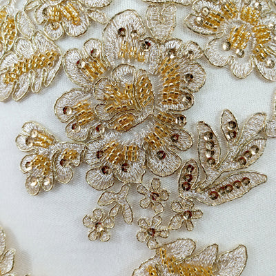 Embroidered & Corded Gold Net Mesh Fabric with Sequin & Beads.  Sold by the yard  Lace Usa